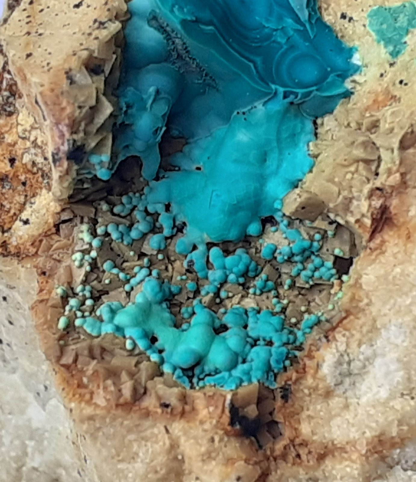 Malachite, Dolomite
FoV ca. 1,8 x 1,5 cm
(Autor: Volkmar Stingl)