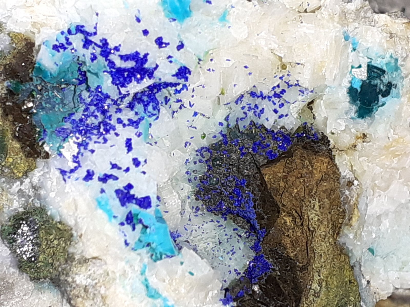 Azurite, Malachite, Chrysokolla, Zn-Olivenite, Dolomite
7 x 5 cm
(Autor: Volkmar Stingl)