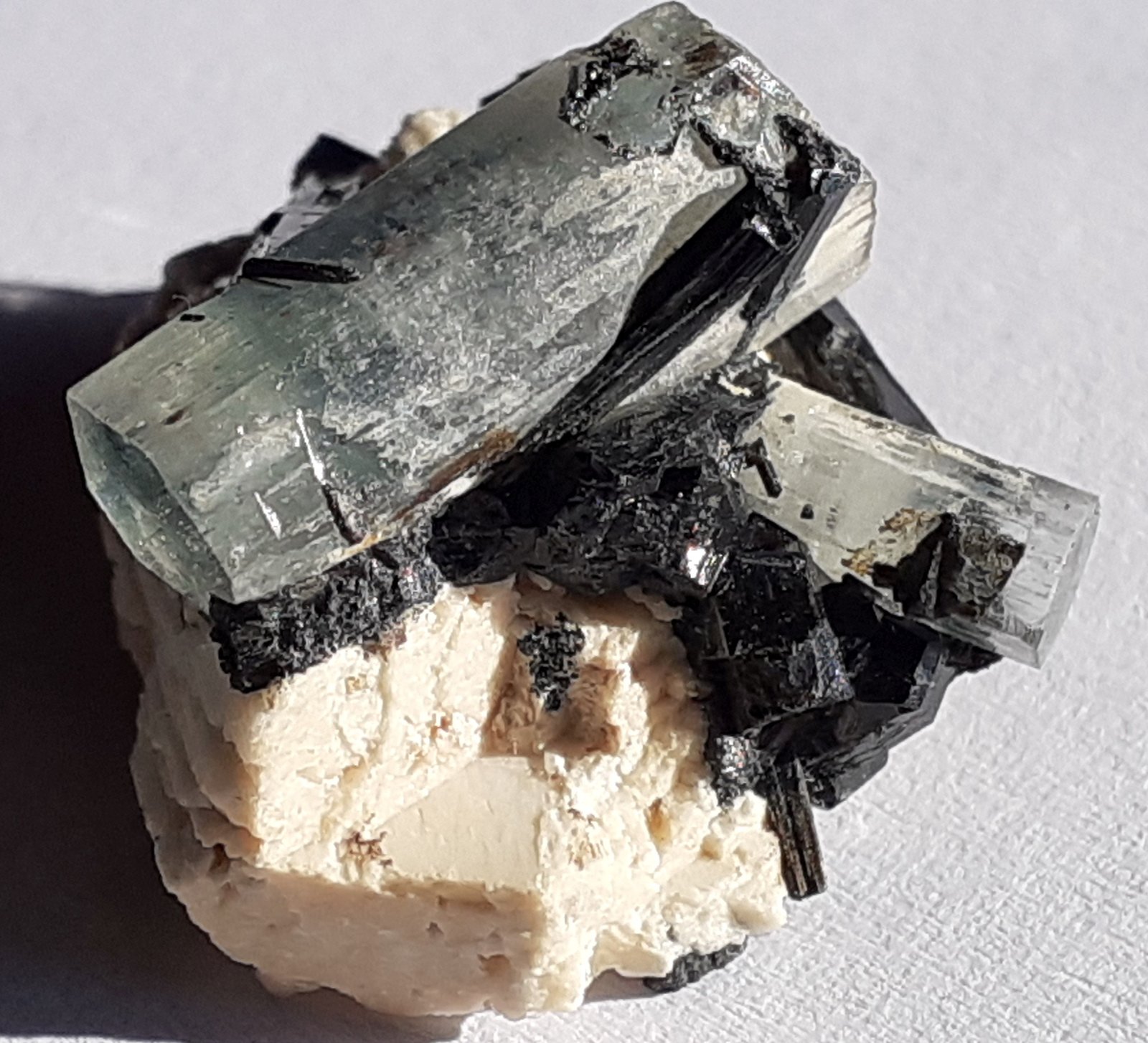 Beryl (variety aquamarine), Tourmaline (variety Schorl), Orthoclase
2 x 1,5 cm
(Autor: Volkmar Stingl)