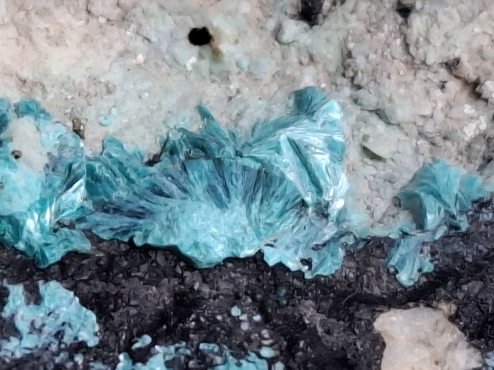 Tyrolite, Romanechite, Dolomite
FoV. ca. 1,5 x 1 cm
(Autor: Volkmar Stingl)