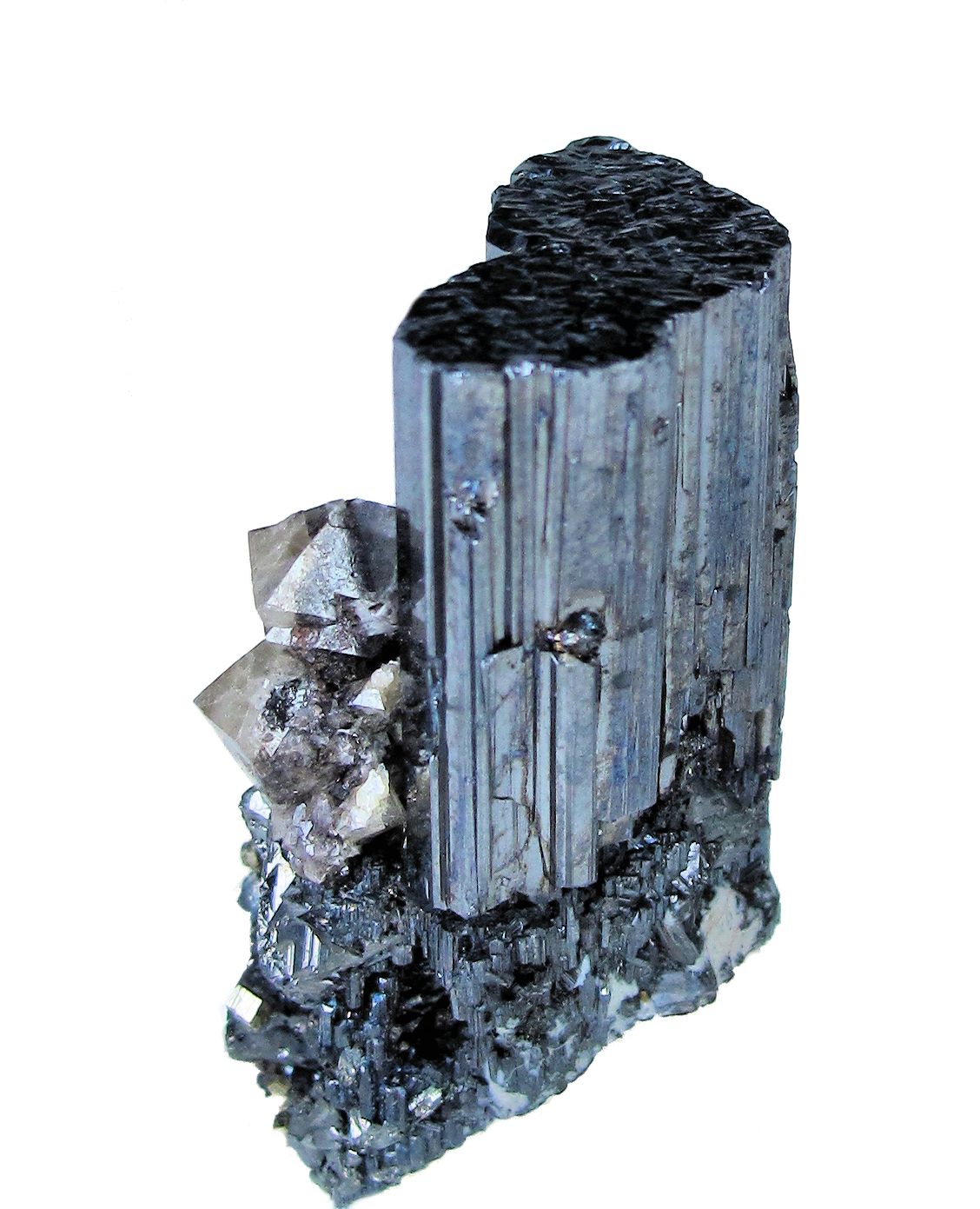 Bournonite, Scheelite
37mm x 21mm. Bournonite crystal: 33.0mm tall, 18.5mm wide. Major scheelite crystal: 7mm tall
(Autor: Carles Millan)