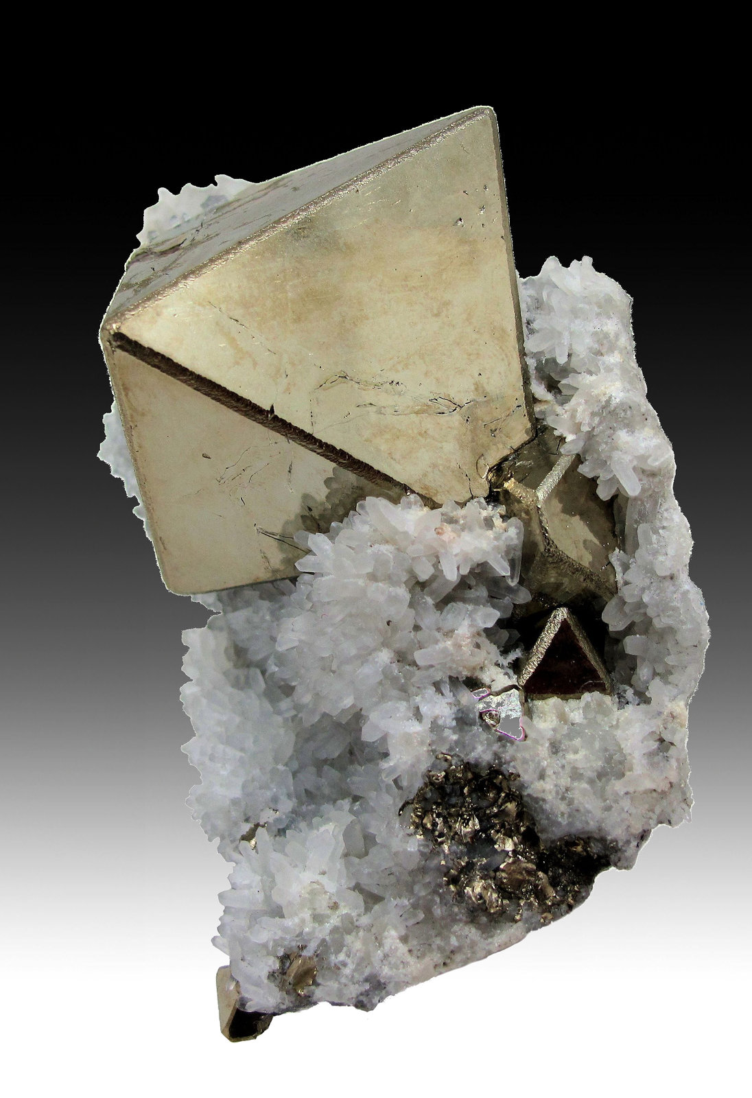 Pyrite, Quartz
102 x 70 x 40, largest crystal: 53 mm vertex to vertex, mass: 314 g.
(Autor: Carles Millan)