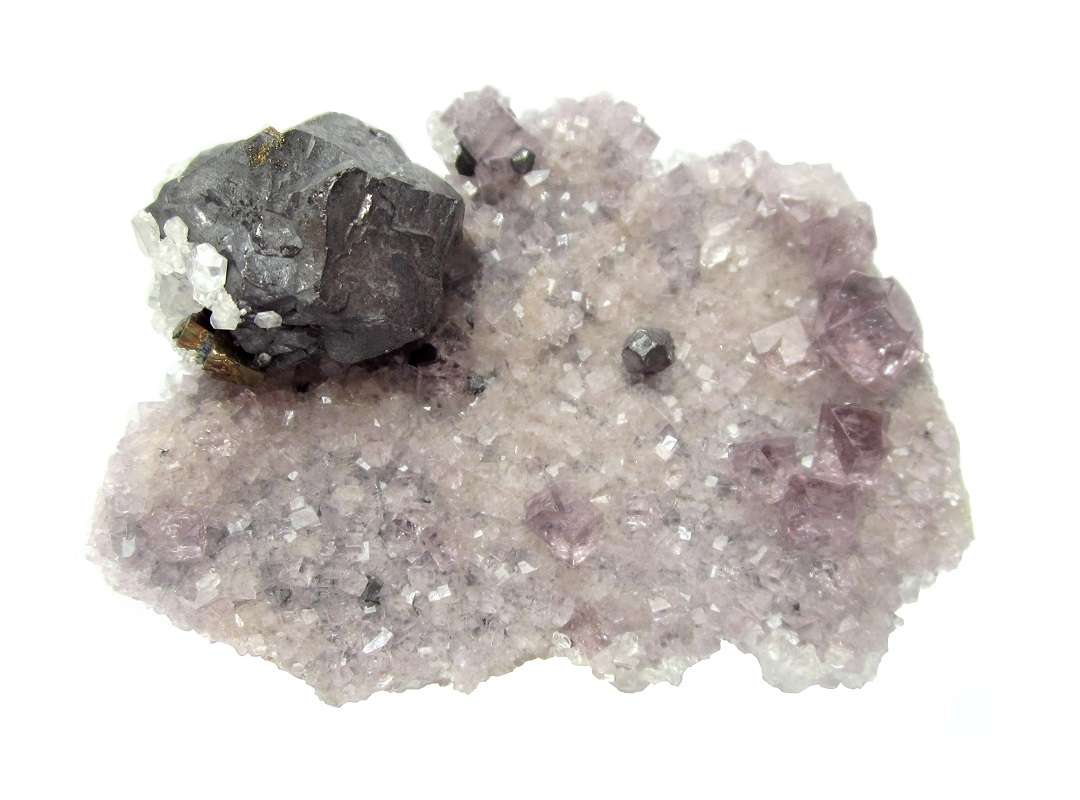 Galena, fluorite, calcite, chalcopyrite
Specimen size 6,5 cm, large galena crystal 2 cm
(Autor: Tobi)