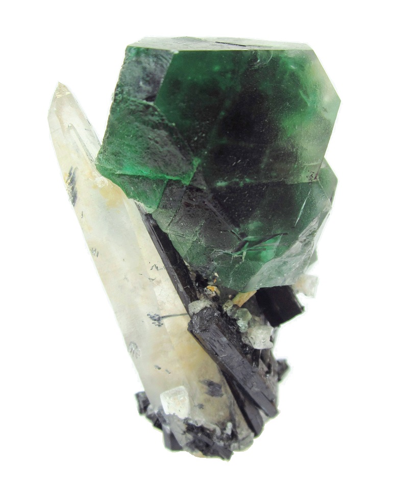 Fluorite, quartz, schorl, beryl
Specimen height 6,5 cm, fluorite measures 4 cm, quartz 6 cm, largest schorls 6 cm, the tiny beryls 3-4 mm
(Autor: Tobi)
