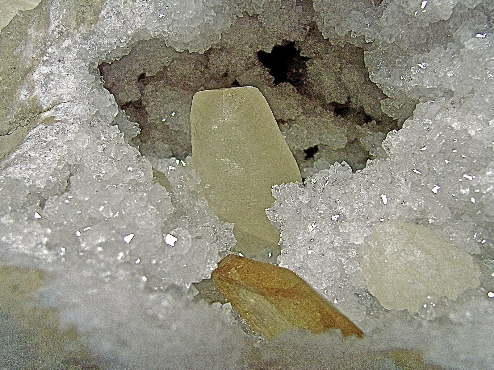 Barite and Calcite on Quartz
calcite is 8 cm     barite is 4.7 cm
(Autor: Bob Harman)