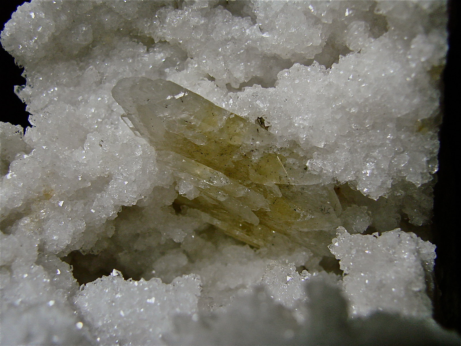 Barite on Quartz
Barite 5cm, millerite 3cm, all on a 10 cm quartz geode
(Autor: Bob Harman)