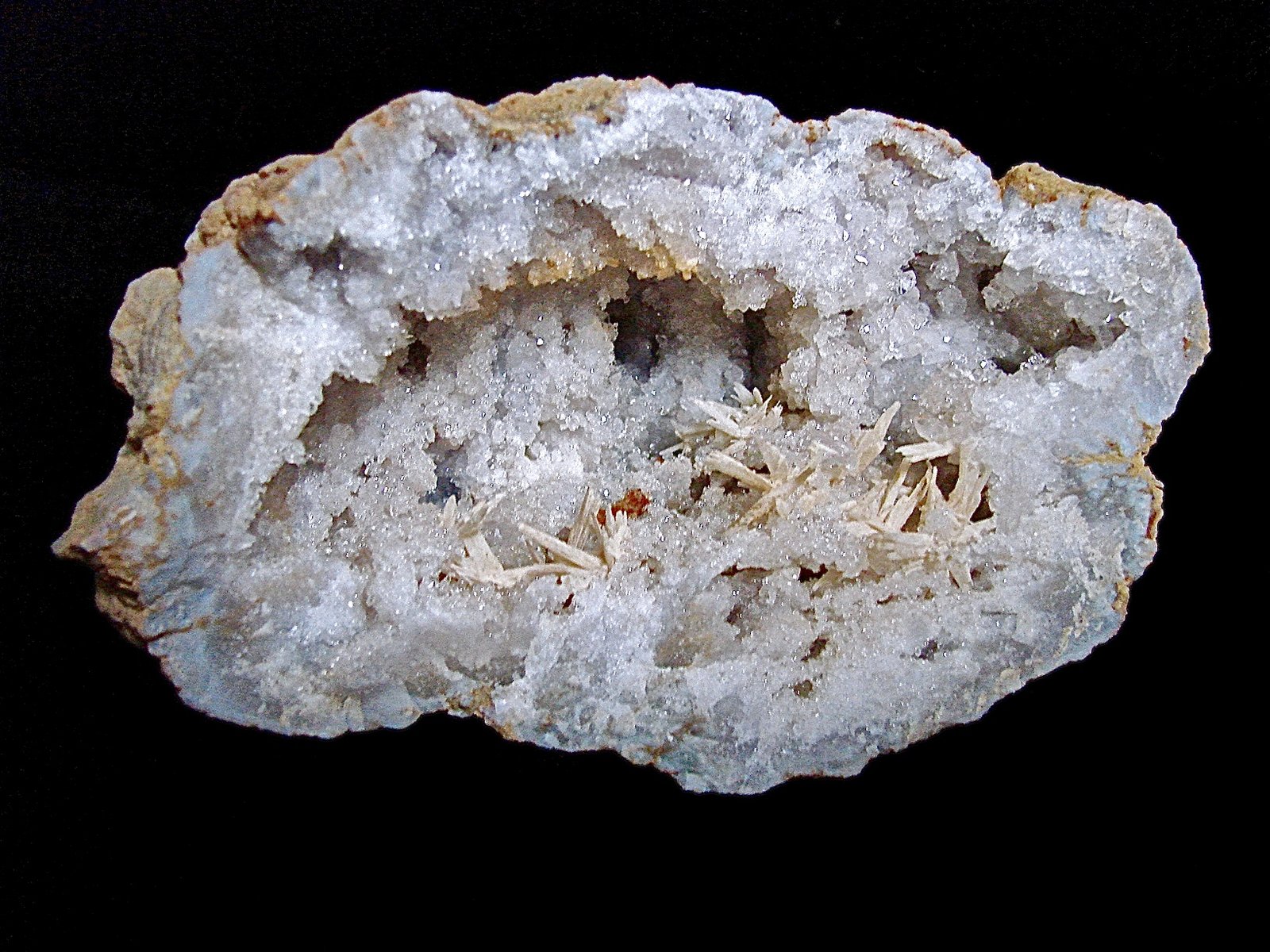 Aragonite on Quartz
oval geode is 12cm x 7cm.    The aragonite sprays range from 1.3cm to 3.5cm
(Autor: Bob Harman)