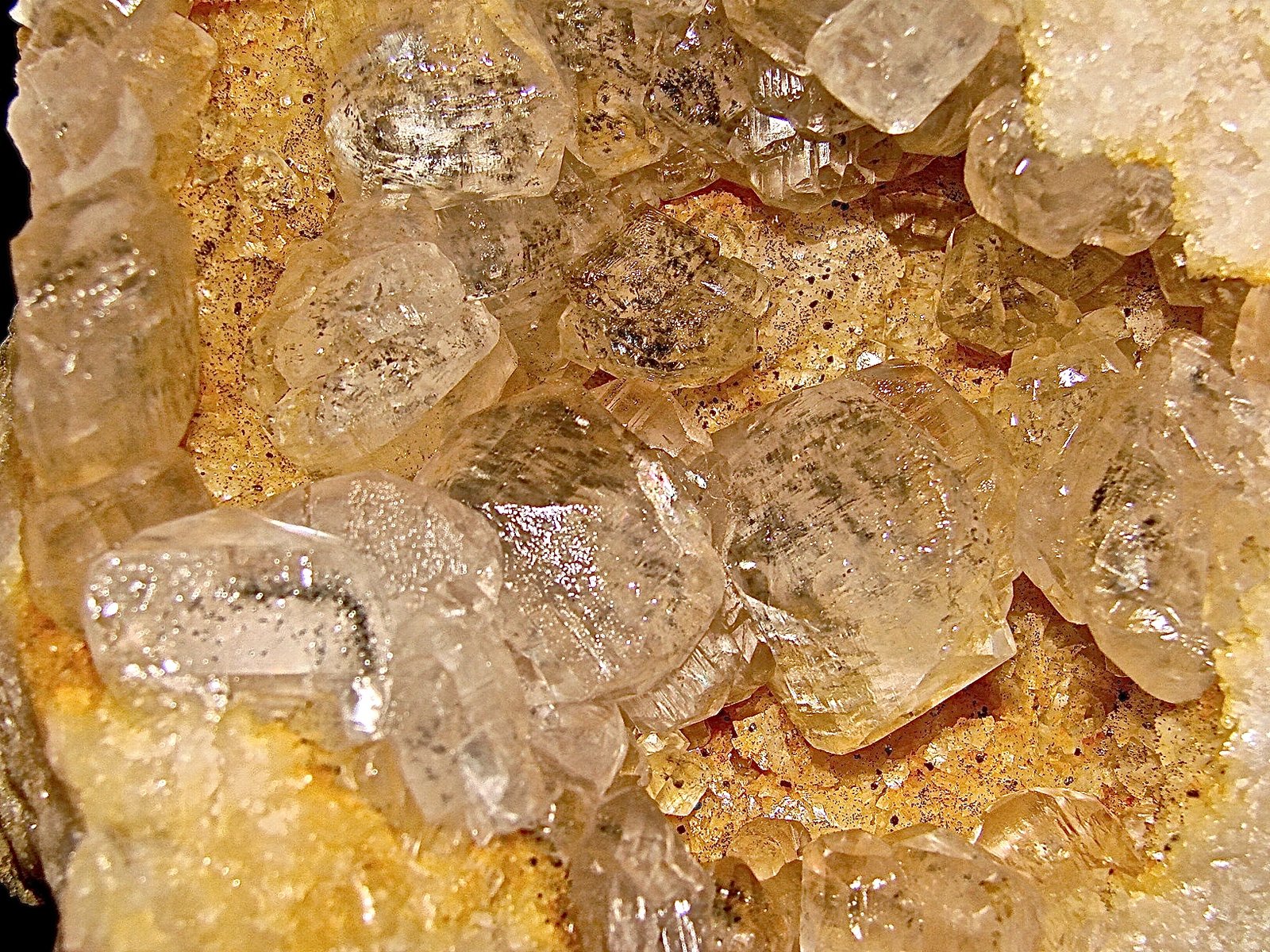 Marcasite in Calcite on Dolomite
specimen is  9 cm, the calcites are up to 1.2 cm
(Autor: Bob Harman)
