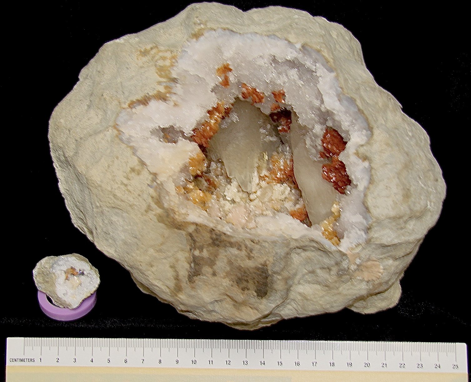 Dolomite, Calcite, Barite on Quartz
see ruler for scale; the larger example is 23 cm with a 13 cm cavity
(Autor: Bob Harman)
