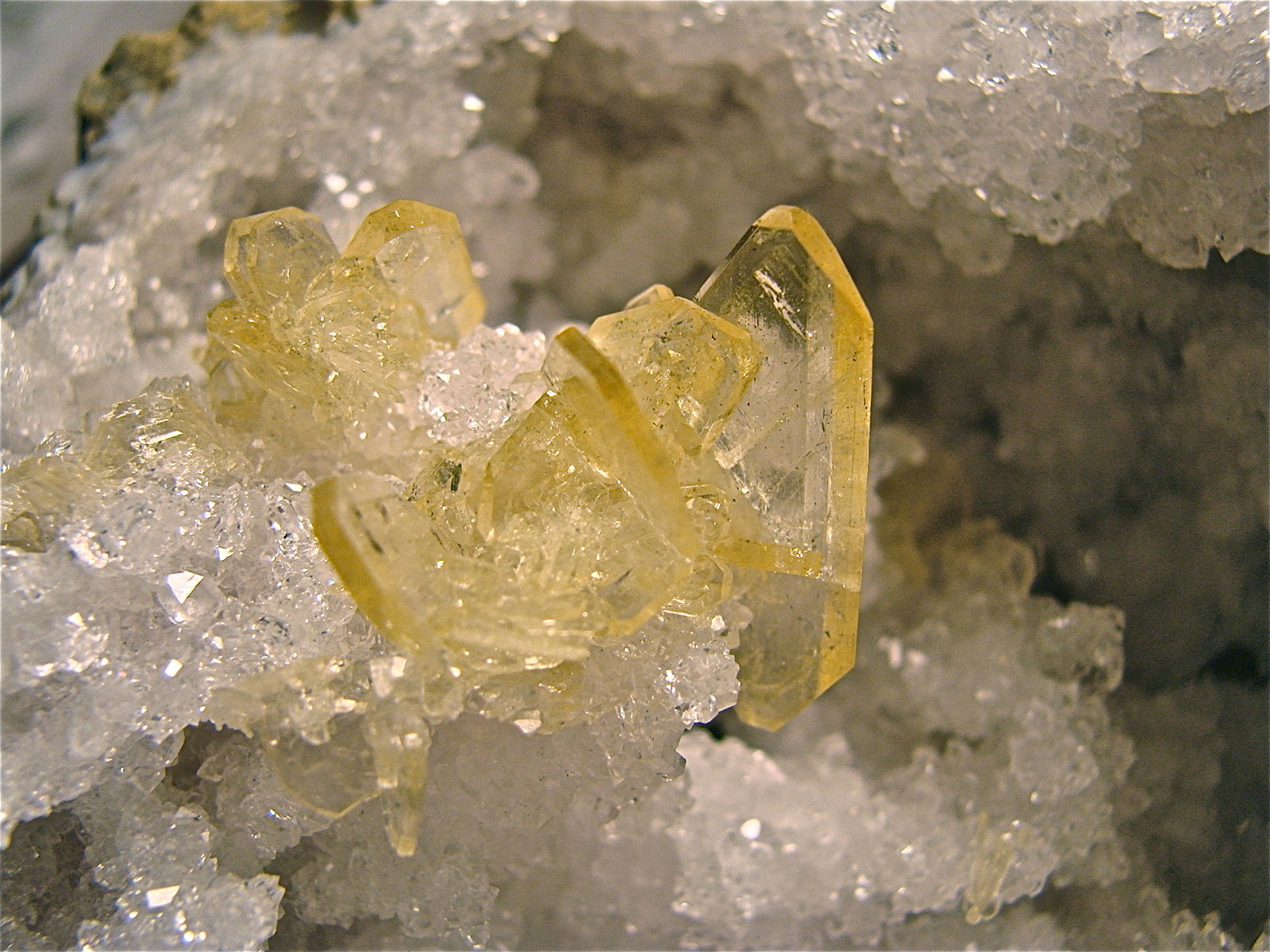 Barite on Quartz
The barite grouping is 4.2cm the largest double terminated crystal is 2.5cm. The quartz geode is 10 cm.
(Autor: Bob Harman)