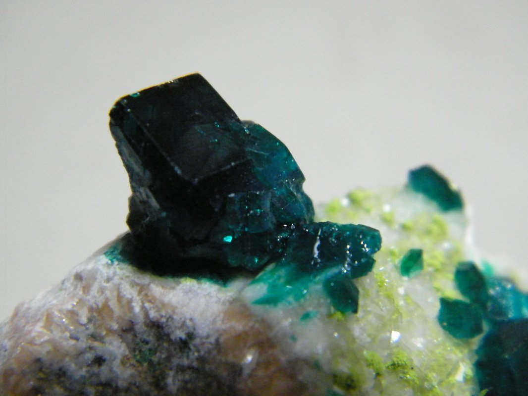 Dioptase on Calcite
70mm x 60mm x 40mm
(Autor: Heimo Hellwig)