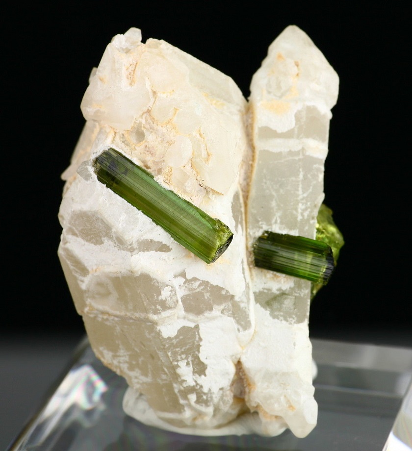 Elbaite on quartz
Specimen height 5 cm, largest tourmalines 2 cm
(Autor: Tobi)