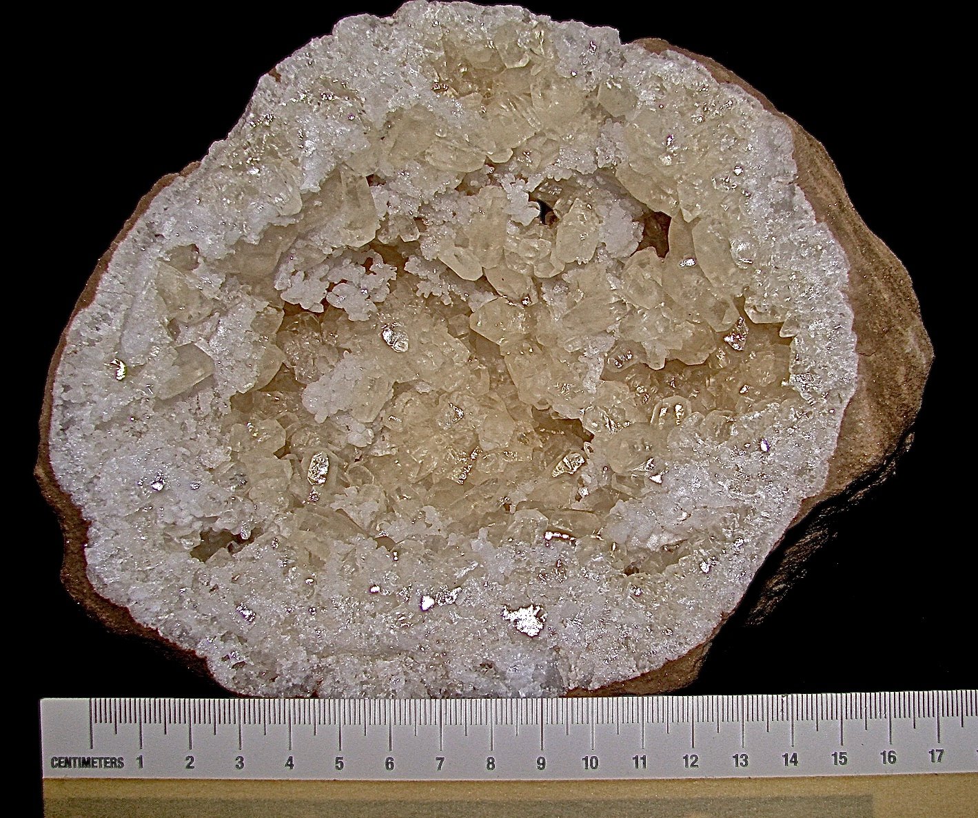 Calcite on Quartz
geode is 14 cm x 12 cm. Calcites are up to 2.2 cm
(Autor: Bob Harman)