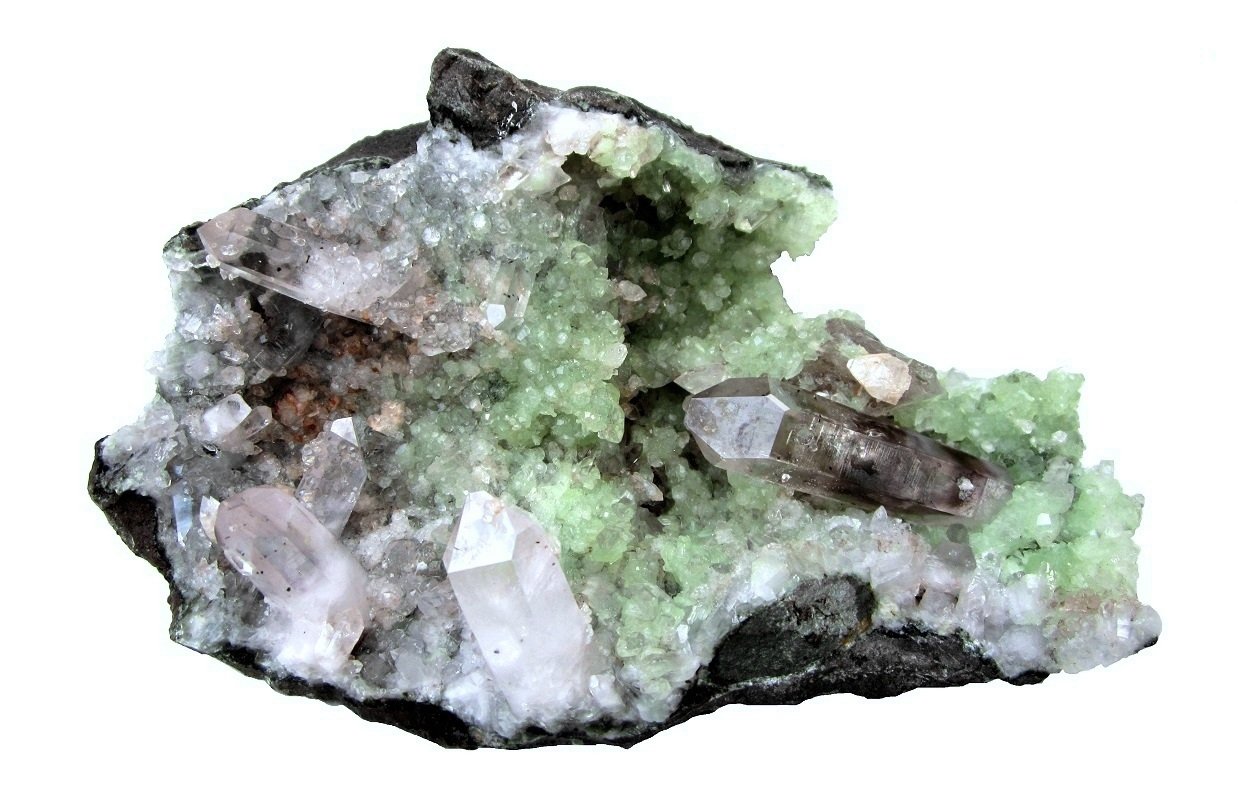 Quartz, Prehnite, Analcime, Calcite, Apophyllite
Specimen size 16 cm, largest quartz crystal 5 cm
(Autor: Tobi)