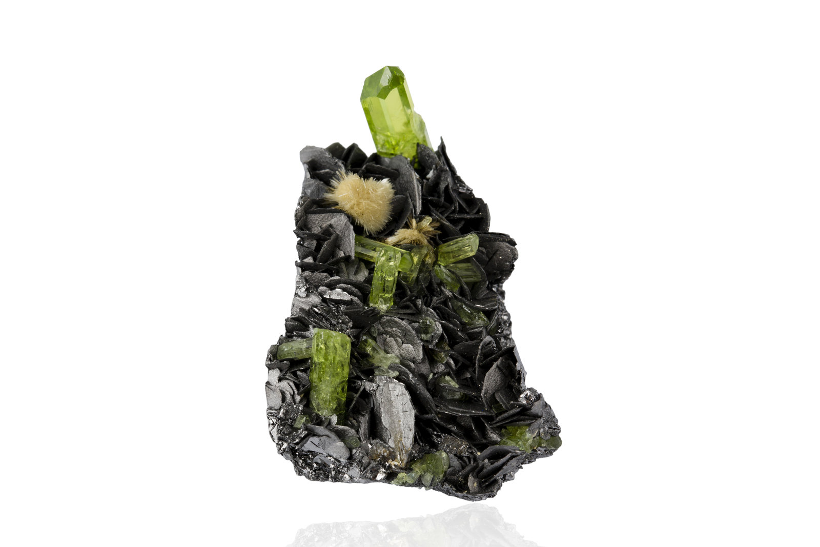 Graphite with Diopside and Mesolite
4 x 3 x 2.5 cm / main crystal: 0.9 cm
(Autor: MIM Museum)
