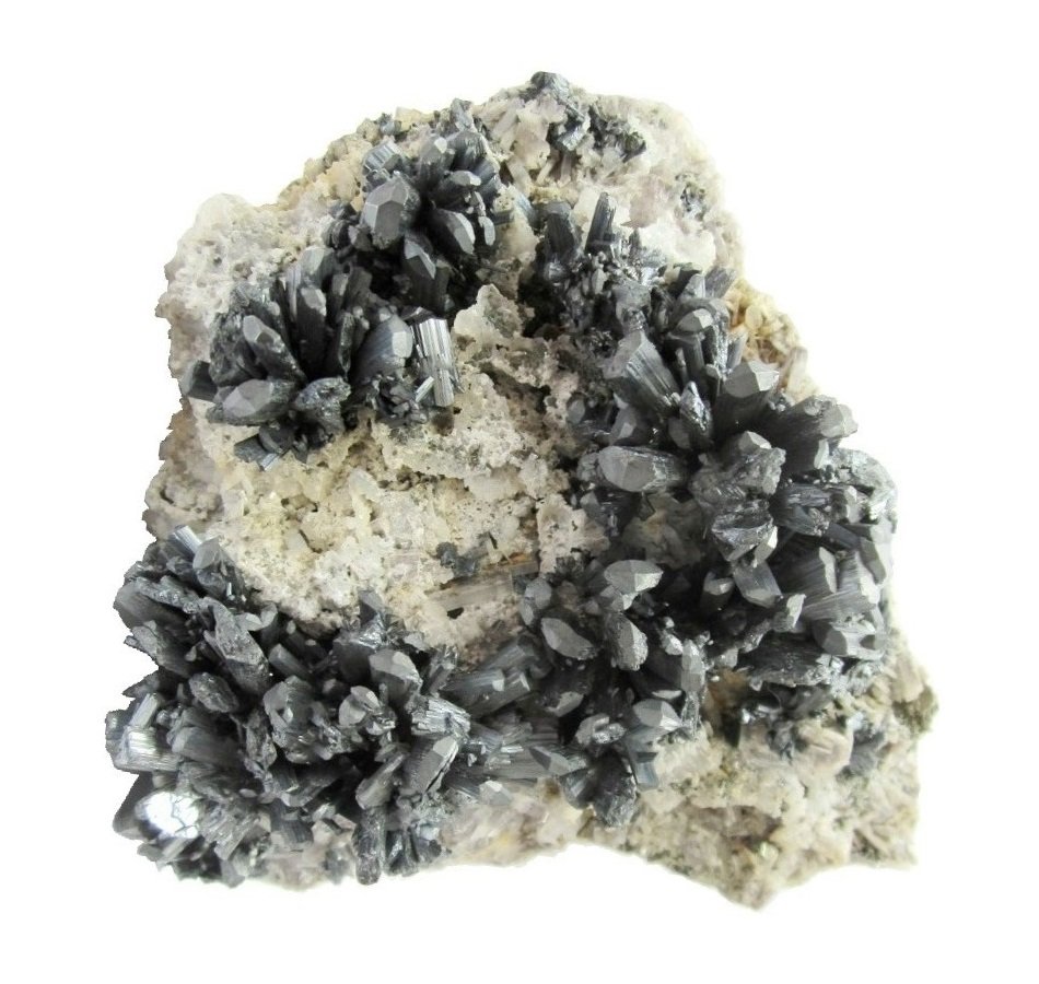 Stibnite, Baryte
Specimen size 10 cm, largest stibnite crystal 2 cm
(Autor: Tobi)
