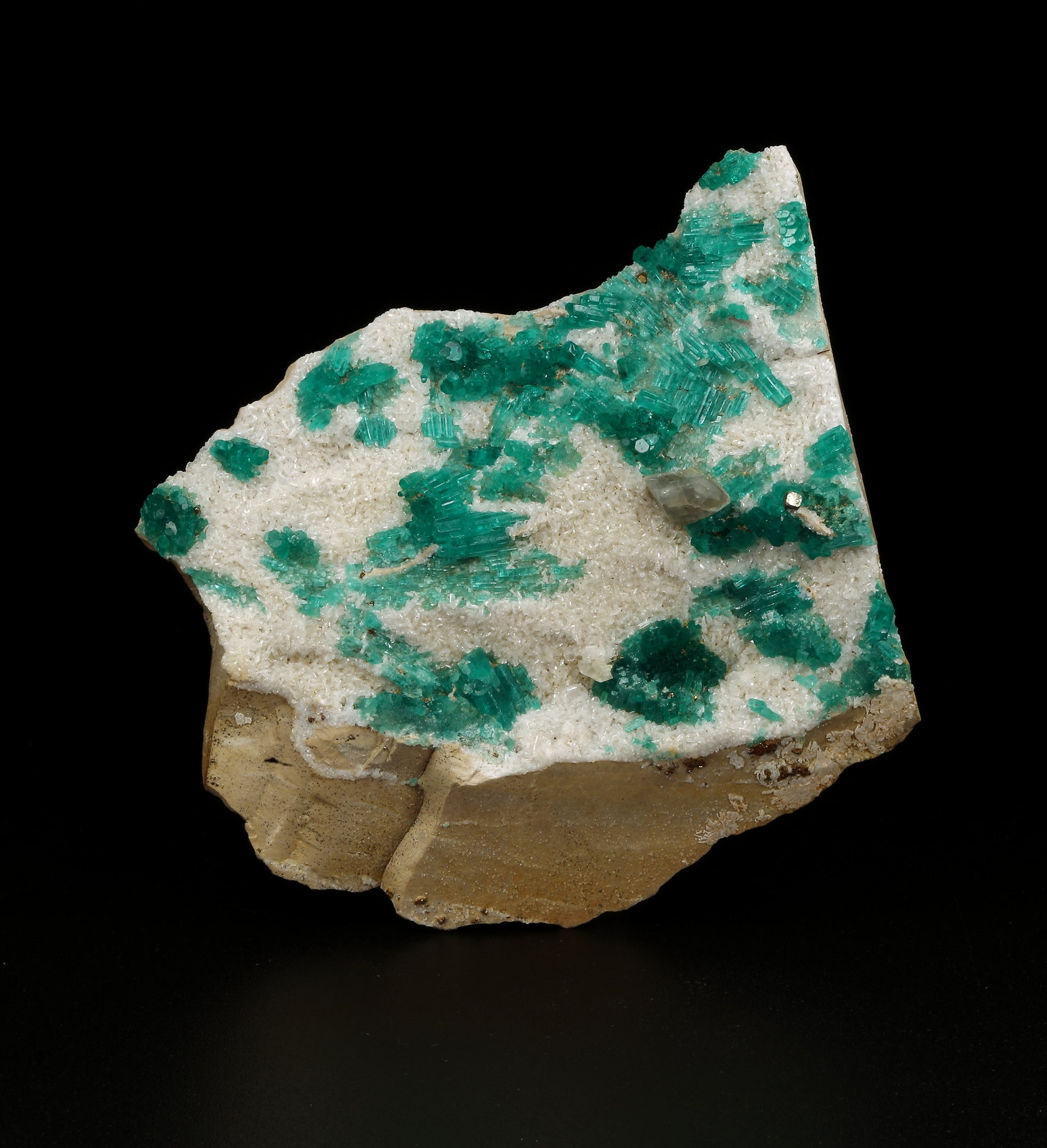 Beryl (variety emerald), Pyrite, Calcite, Albite (variety cleavelandite)
70x62x11mm, xls up to 8mm long
(Autor: Fiebre Verde)