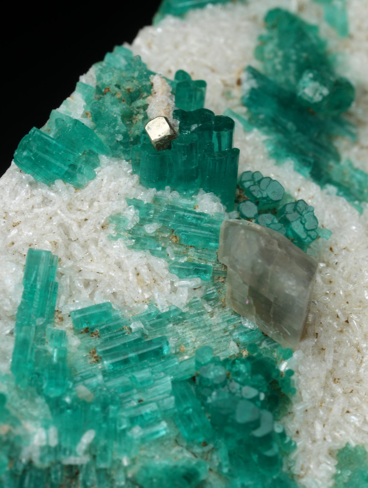 Beryl (variety emerald), Pyrite, Calcite, Albite (variety cleavelandite)
70x62x11mm, xls up to 8mm long
(Autor: Fiebre Verde)