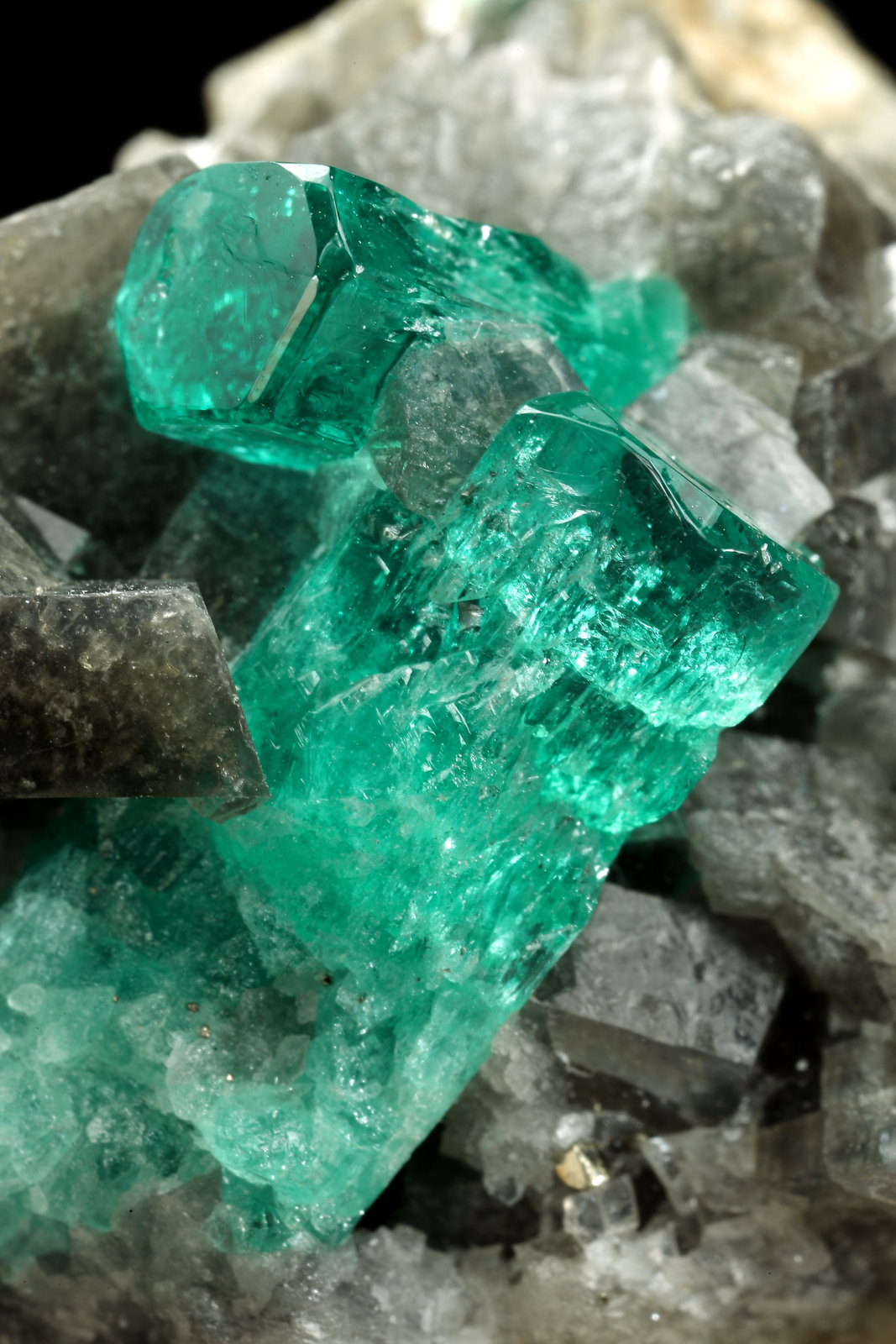 Beryl (variety emerald), Calcite, Pyrite
38x24x29mm, largest xl=17mm
(Autor: Fiebre Verde)