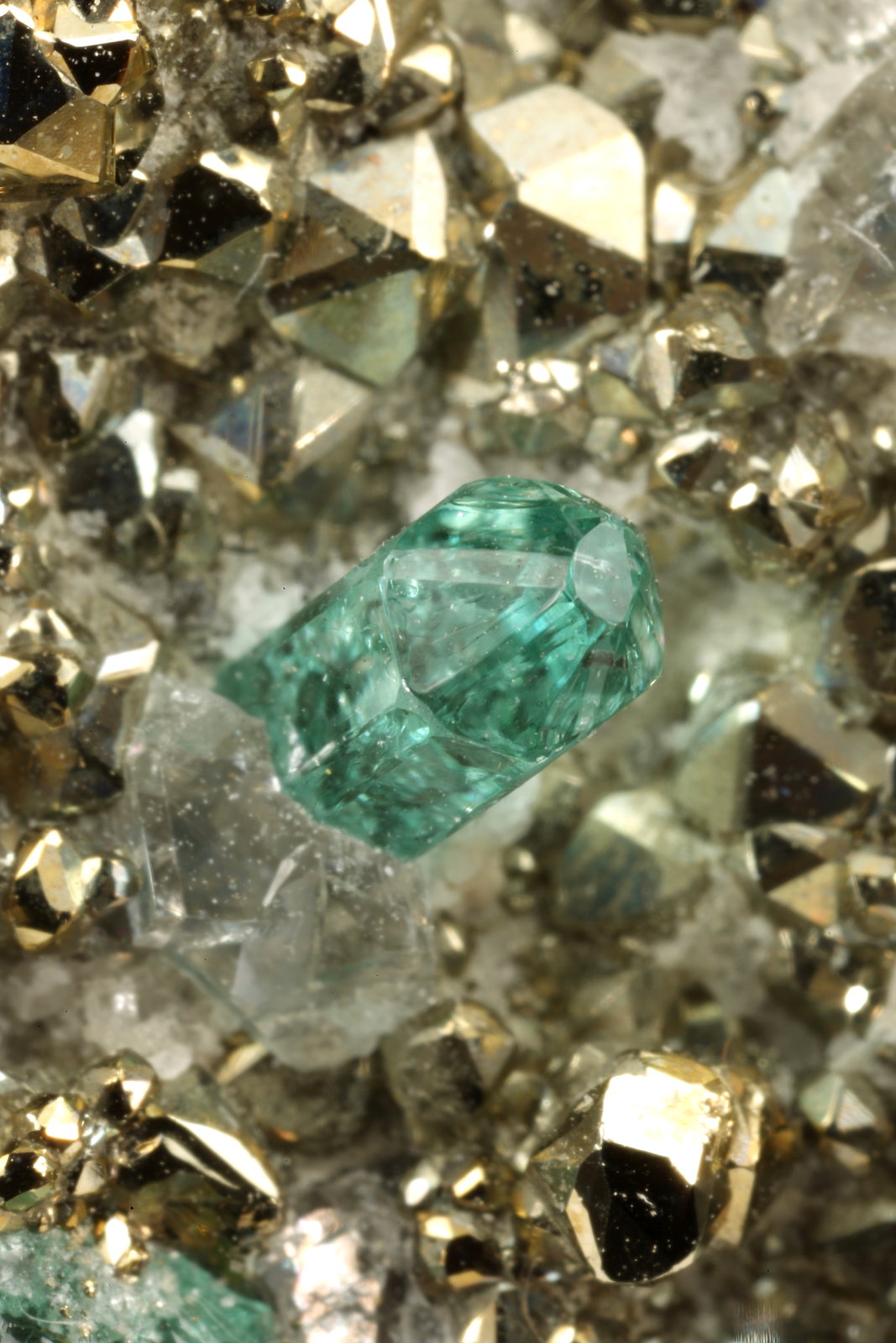 Beryl (variety emerald), Calcite, Pyrite
92x41x52mm, main xl=4mm
(Autor: Fiebre Verde)