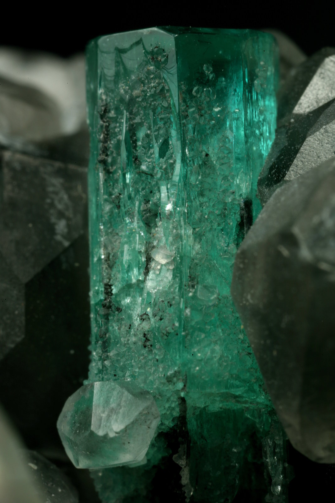 Beryl (variety emerald), Calcite, Quartz
Emerald crystal is 11mm long
(Autor: Fiebre Verde)