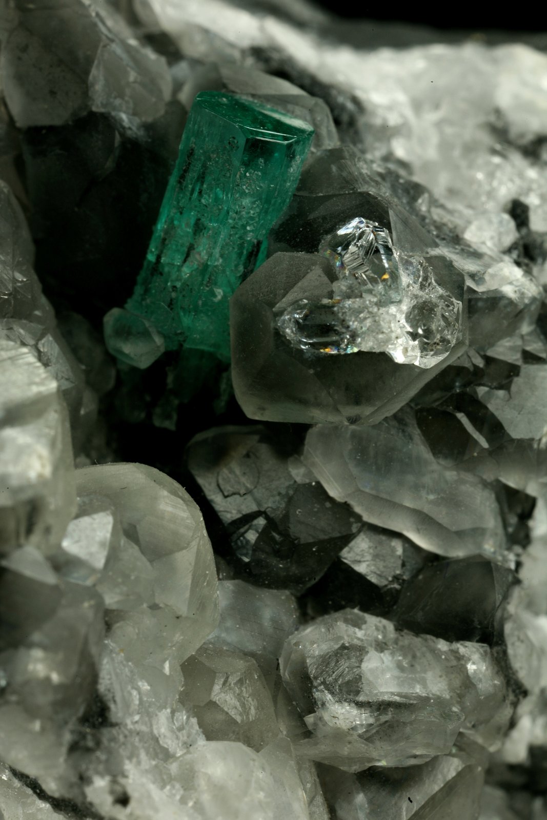 Beryl (variety emerald), Calcite, Quartz
Emerald crystal is 11mm long
(Autor: Fiebre Verde)