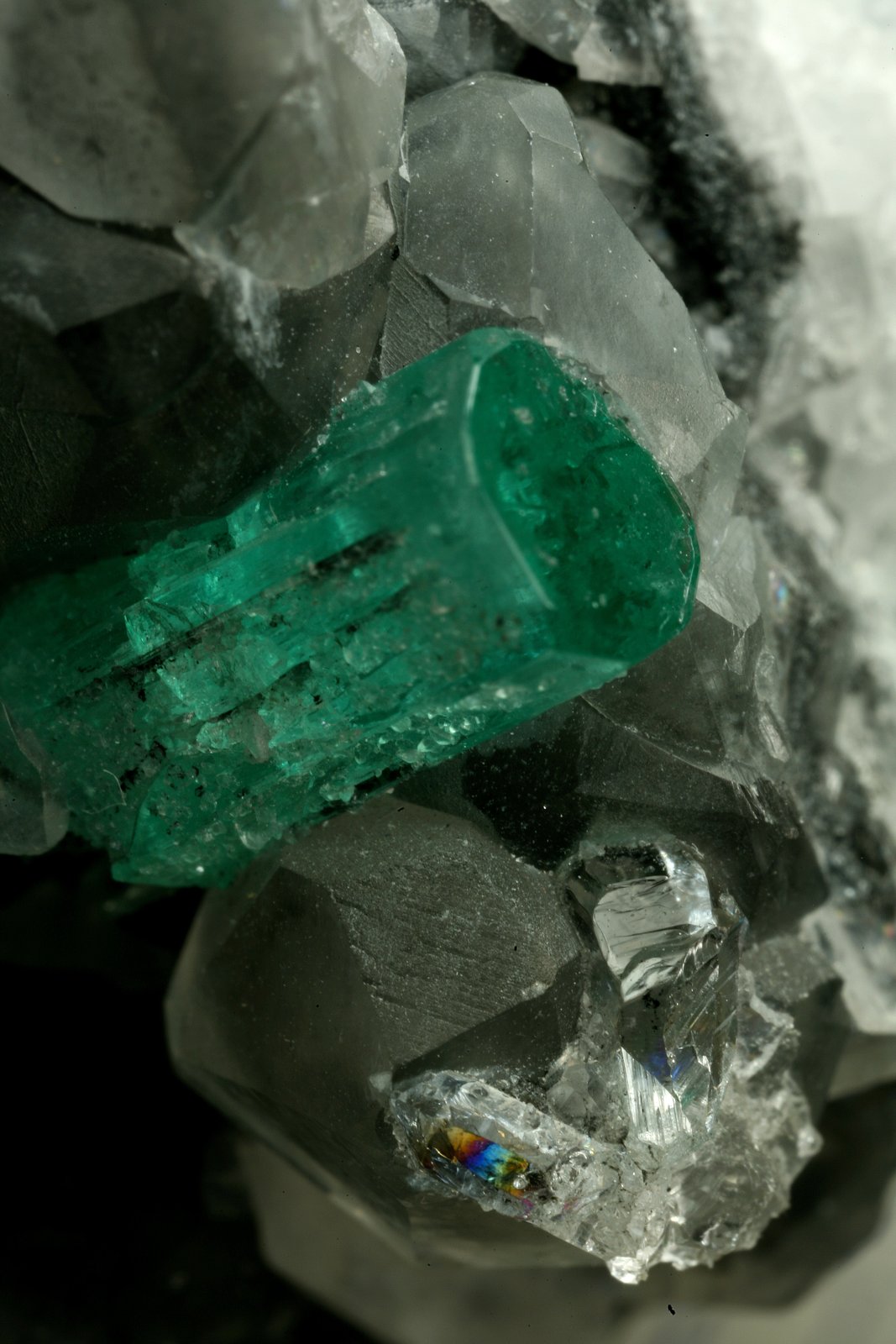 Beryl (variety emerald), Calcite, Quartz
Emerald crystal is 11mm long
(Autor: Fiebre Verde)