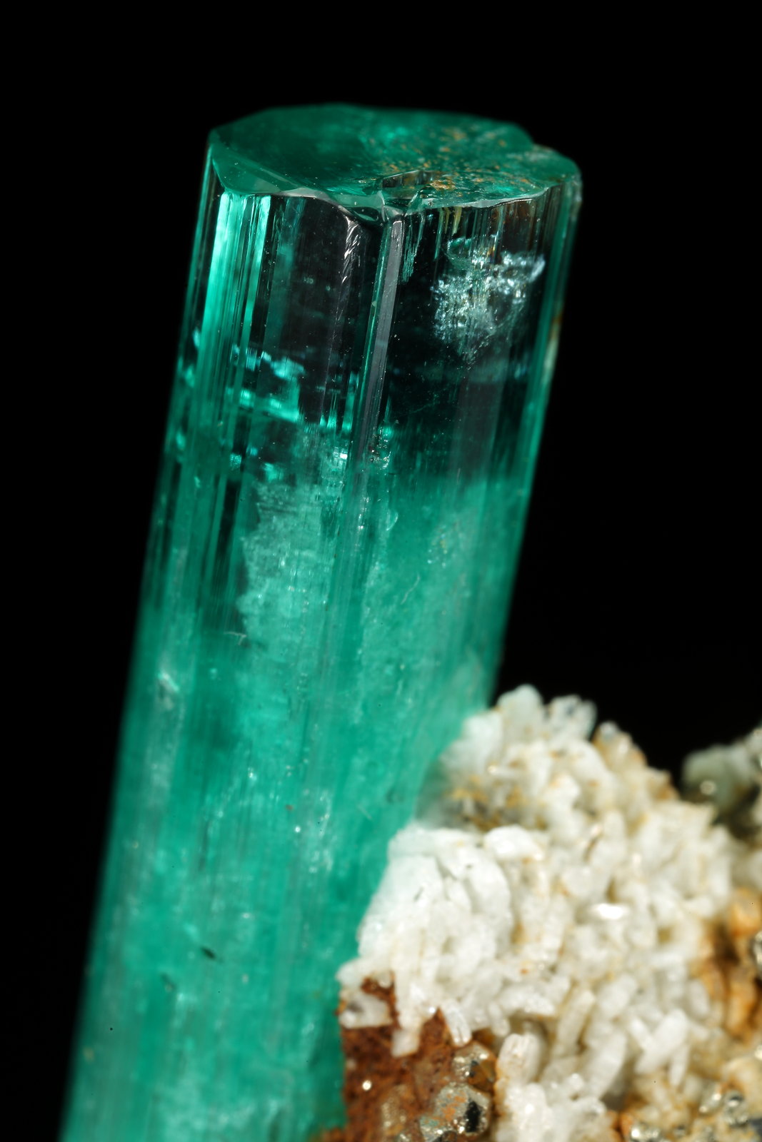 Beryl (variety emerald), Albite (variety cleavelandite), Pyrite
crystal=45mm
(Autor: Fiebre Verde)