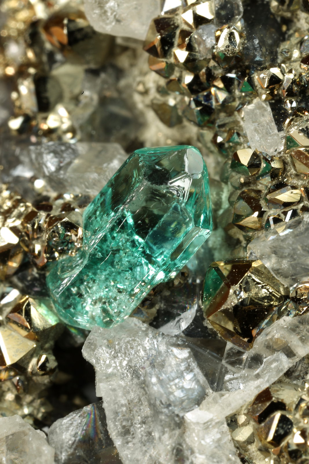 Beryl (variety emerald), Calcite, Pyrite
33x41x21mm, xl=8mm
(Autor: Fiebre Verde)