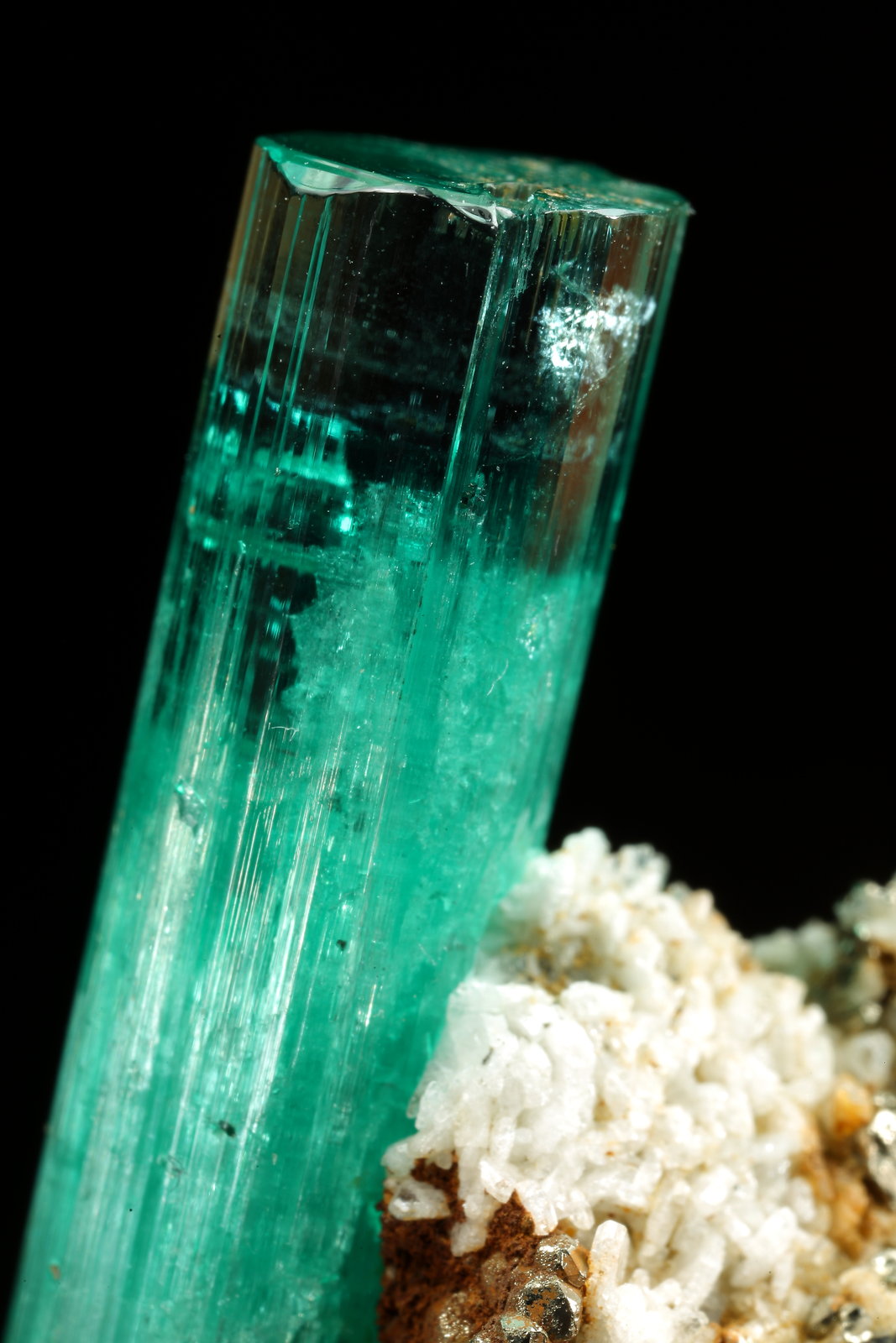 Beryl (variety emerald), Albite (variety cleavelandite), Pyrite
crystal=45mm
(Autor: Fiebre Verde)