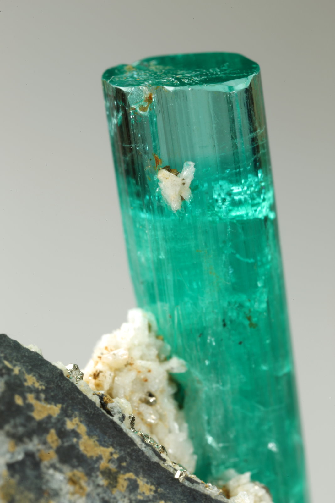 Beryl (variety emerald), Albite (variety cleavelandite), Pyrite
crystal=45mm
(Autor: Fiebre Verde)