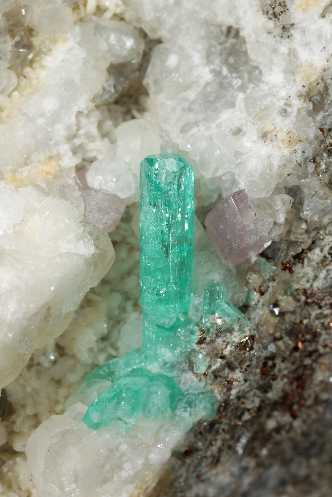 Beryl (variety emerald), Pyrite, Calcite, Fluorapatite, Albite (variety cleavelandite)
148mm x 87mm x 80mm, xl=15mm
(Autor: Fiebre Verde)