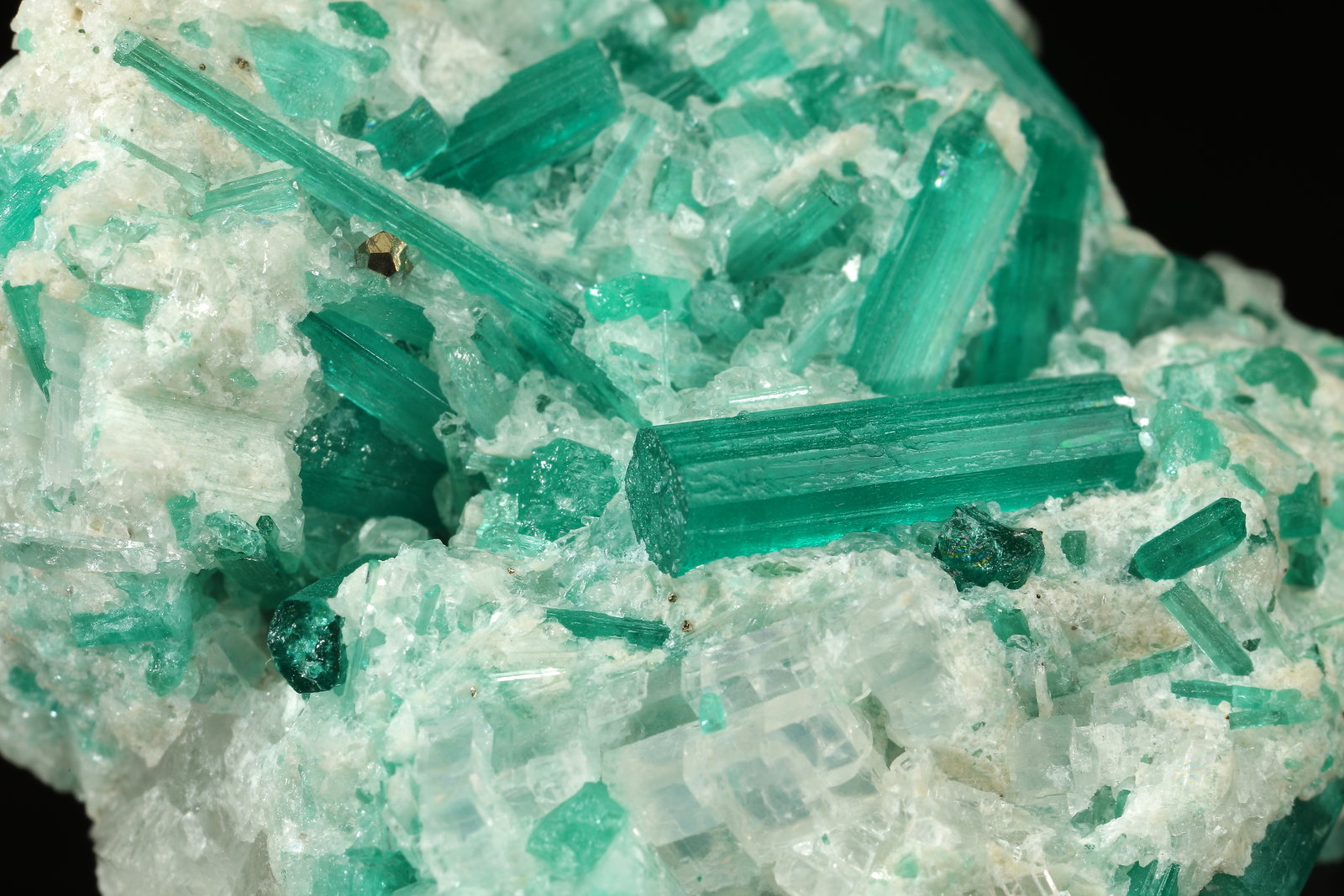 Beryl (variety emerald), Dolomite, Pyrite
42mm across, xls up to 14mm
(Autor: Fiebre Verde)