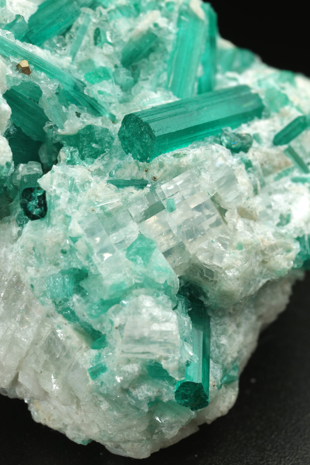 Beryl (variety emerald), Dolomite, Pyrite
42mm across, xls up to 14mm
(Autor: Fiebre Verde)
