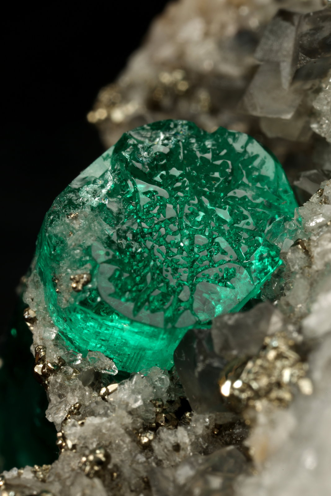 Beryl (variety emerald), Calcite, Pyrite, Albite (variety cleavelandite)
70x46x34mm, main xl=18mm
(Autor: Fiebre Verde)