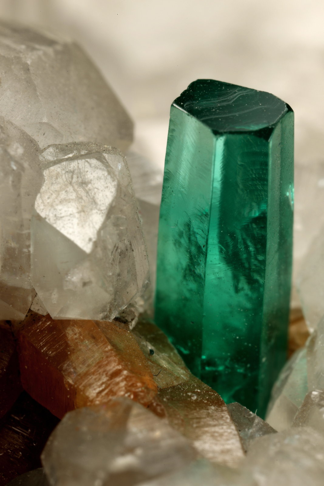 Beryl (variety emerald), Calcite, Parisite
8x8x8cm, H35mm, xl=8mm
(Autor: Fiebre Verde)