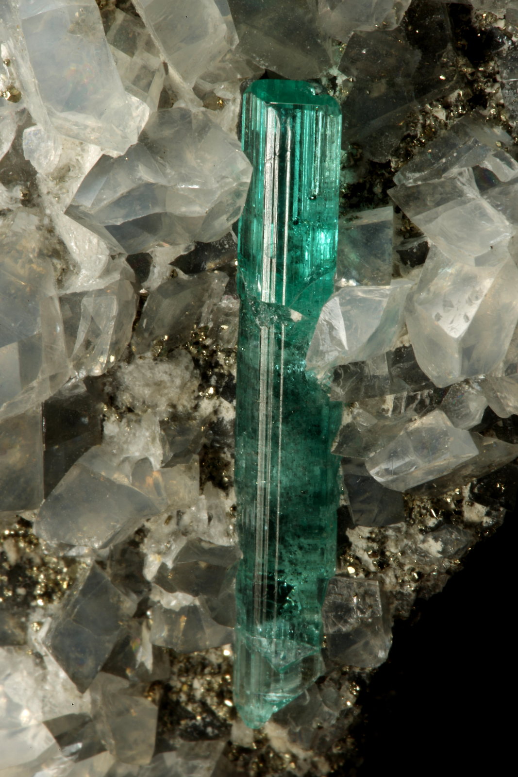 Beryl (variety emerald), Calcite, Pyrite, Dolomite
98x70x38mm, xl=31mm
(Autor: Fiebre Verde)