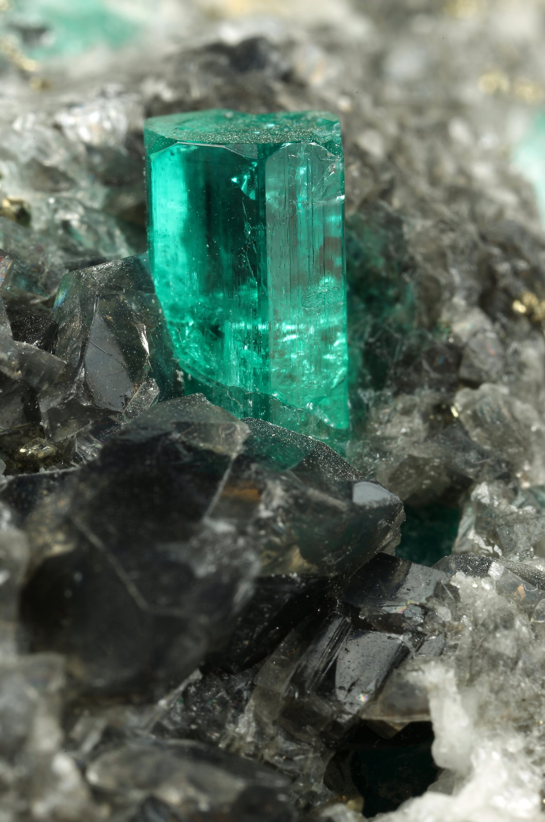 Beryl (variety emerald), Calcite, Dolomite, Pyrite
84x43x54mm, xl=7mm
(Autor: Fiebre Verde)