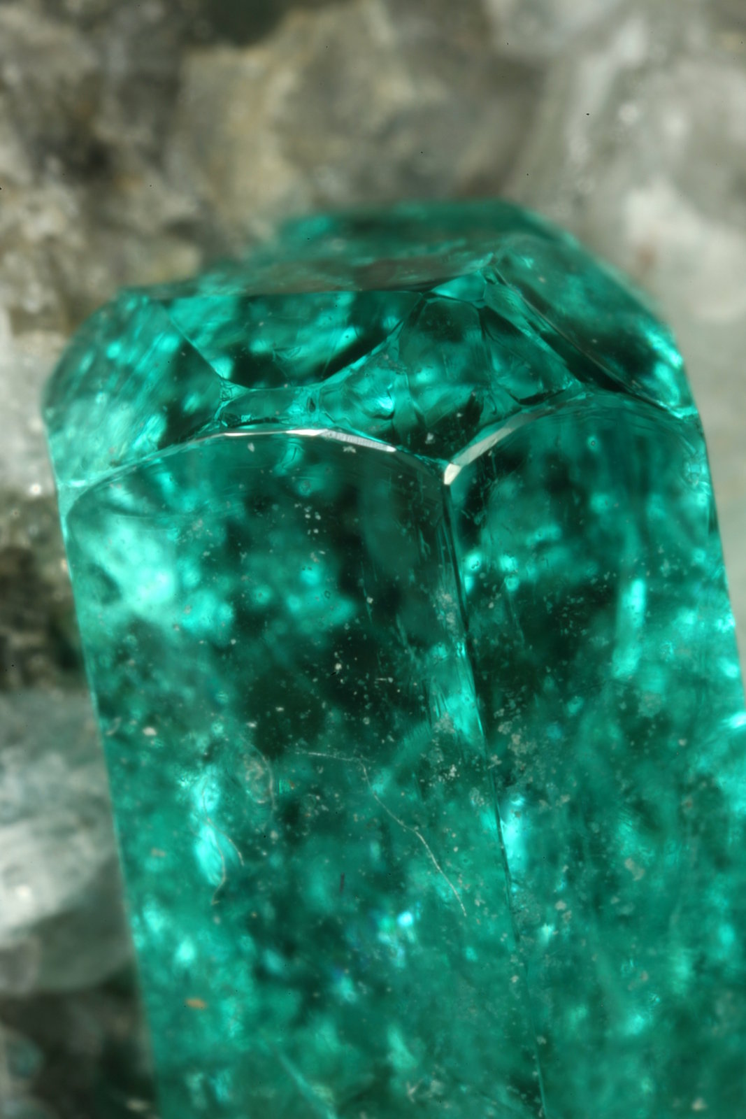 Beryl (variety emerald), Calcite, Pyrite
Detail - xl=9mm
(Autor: Fiebre Verde)