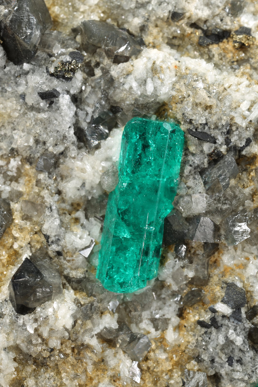 Beryl (variety emerald), Albite (variety cleavelandite), Calcite, Dolomite, Pyrite
72x71x23mm, xl=14mm
(Autor: Fiebre Verde)