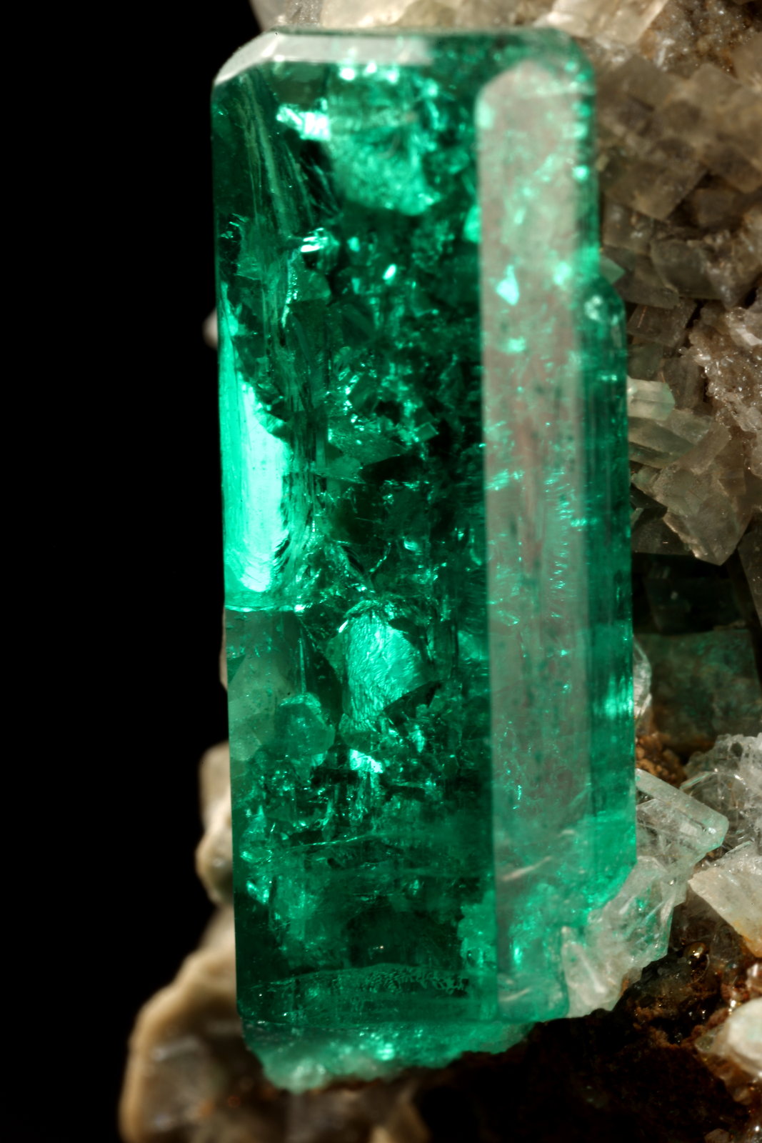 Beryl (variety emerald), Calcite, Pyrite, Albite (variety cleavelandite)
22x21x30mm, xl=14mm
(Autor: Fiebre Verde)