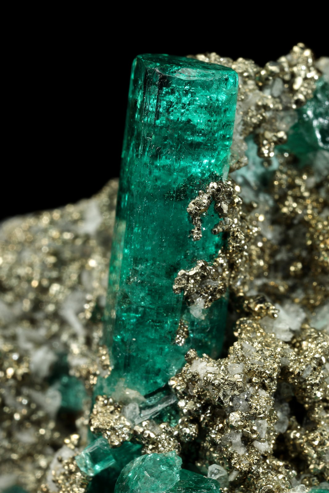 Beryl (variety emerald), Albite (variety cleavelandite), Pyrite
38x35x18mm, largest xl=20mm
(Autor: Fiebre Verde)