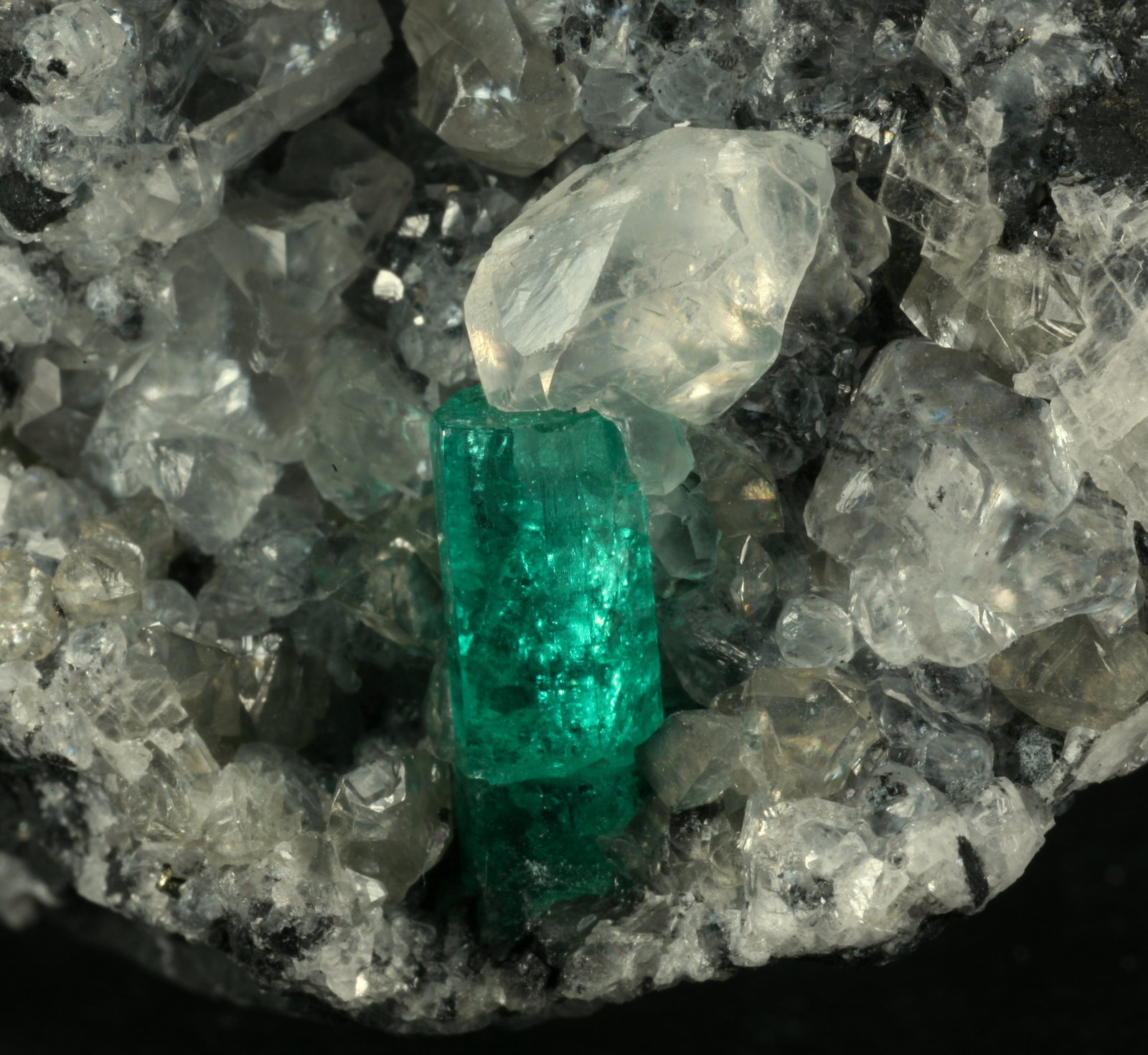 Beryl (variety emerald), Calcite
Detail - FOV=2cm
(Autor: Fiebre Verde)