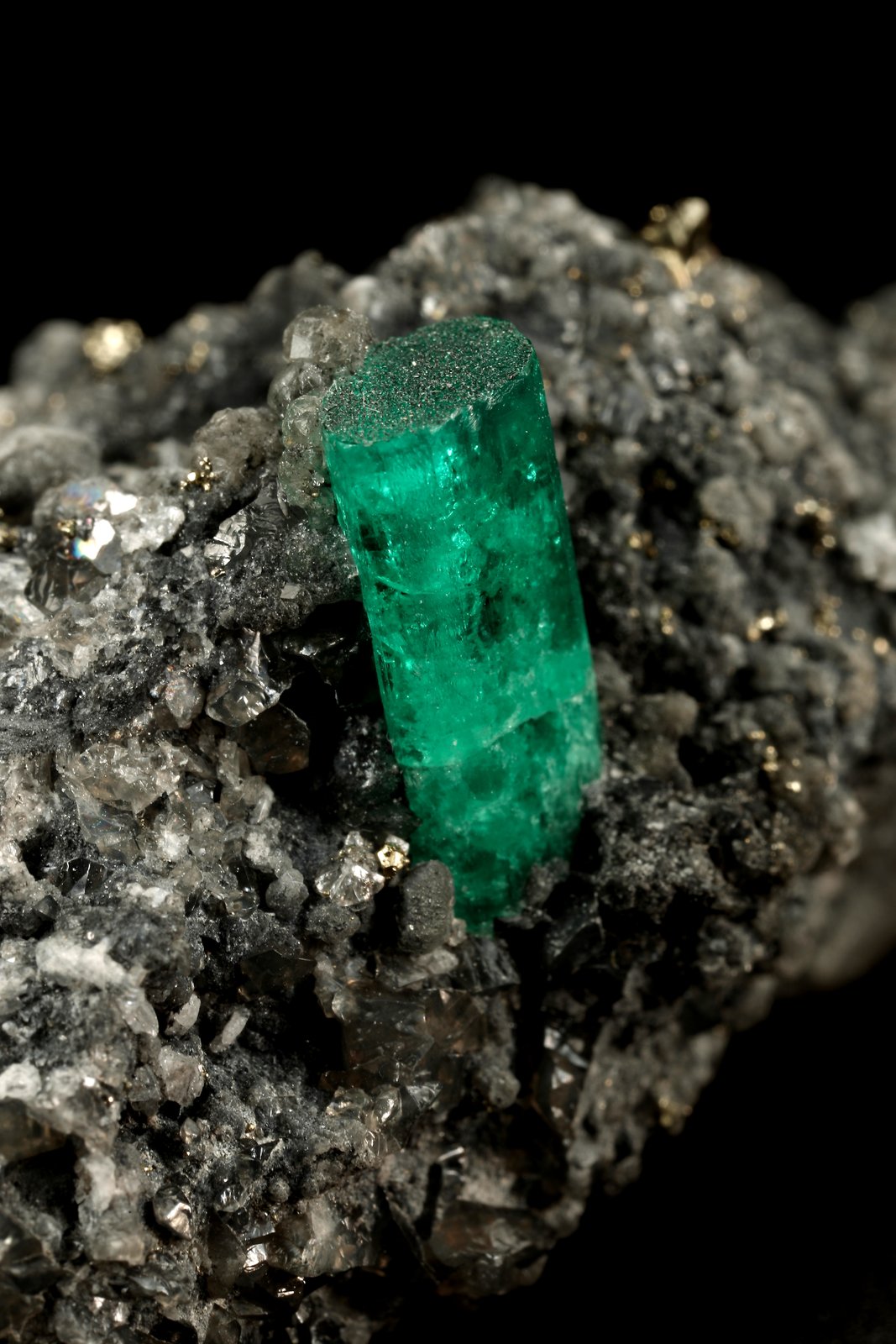 Beryl (variety emerald), Calcite, Pyrite
59x34x28mm, xl=15mm
(Autor: Fiebre Verde)