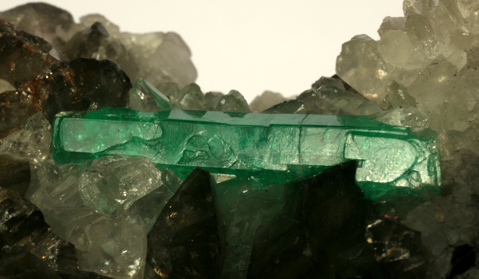 Beryl (variety emerald), Calcite, Quartz
Detail - FOV=3.5cm
(Autor: Fiebre Verde)
