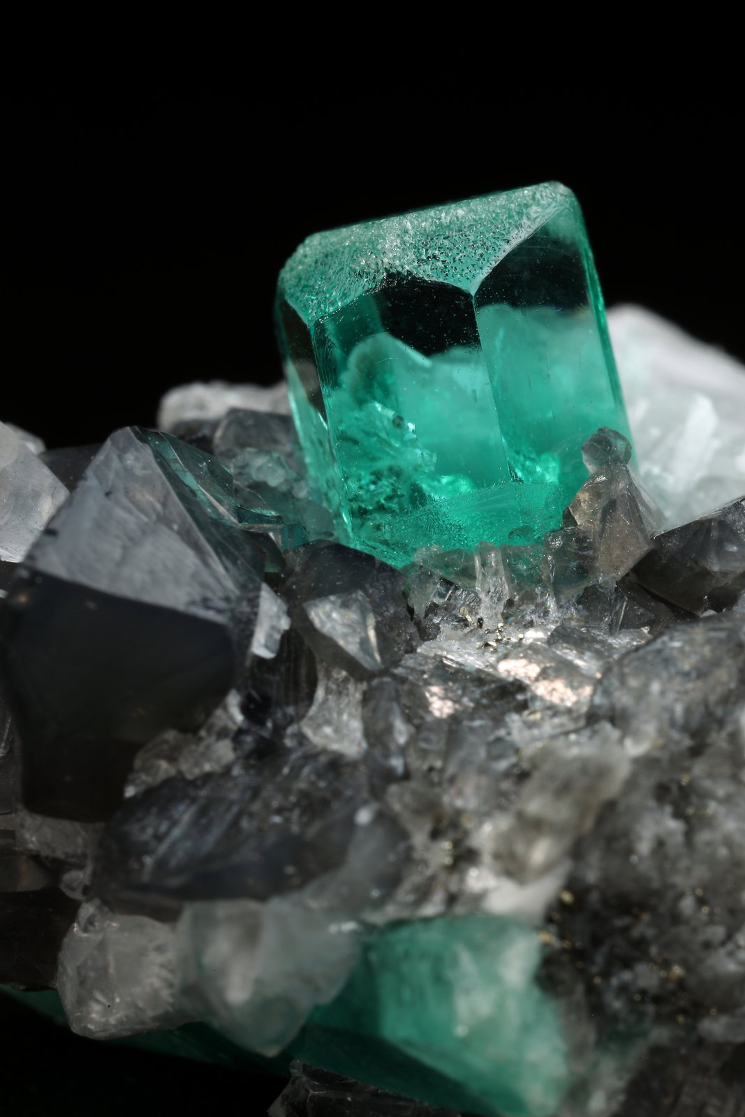 Beryl (variety emerald), Calcite, Pyrite, Quartz
32x21x20mm, xls=7mm (main) & 17mm
(Autor: Fiebre Verde)