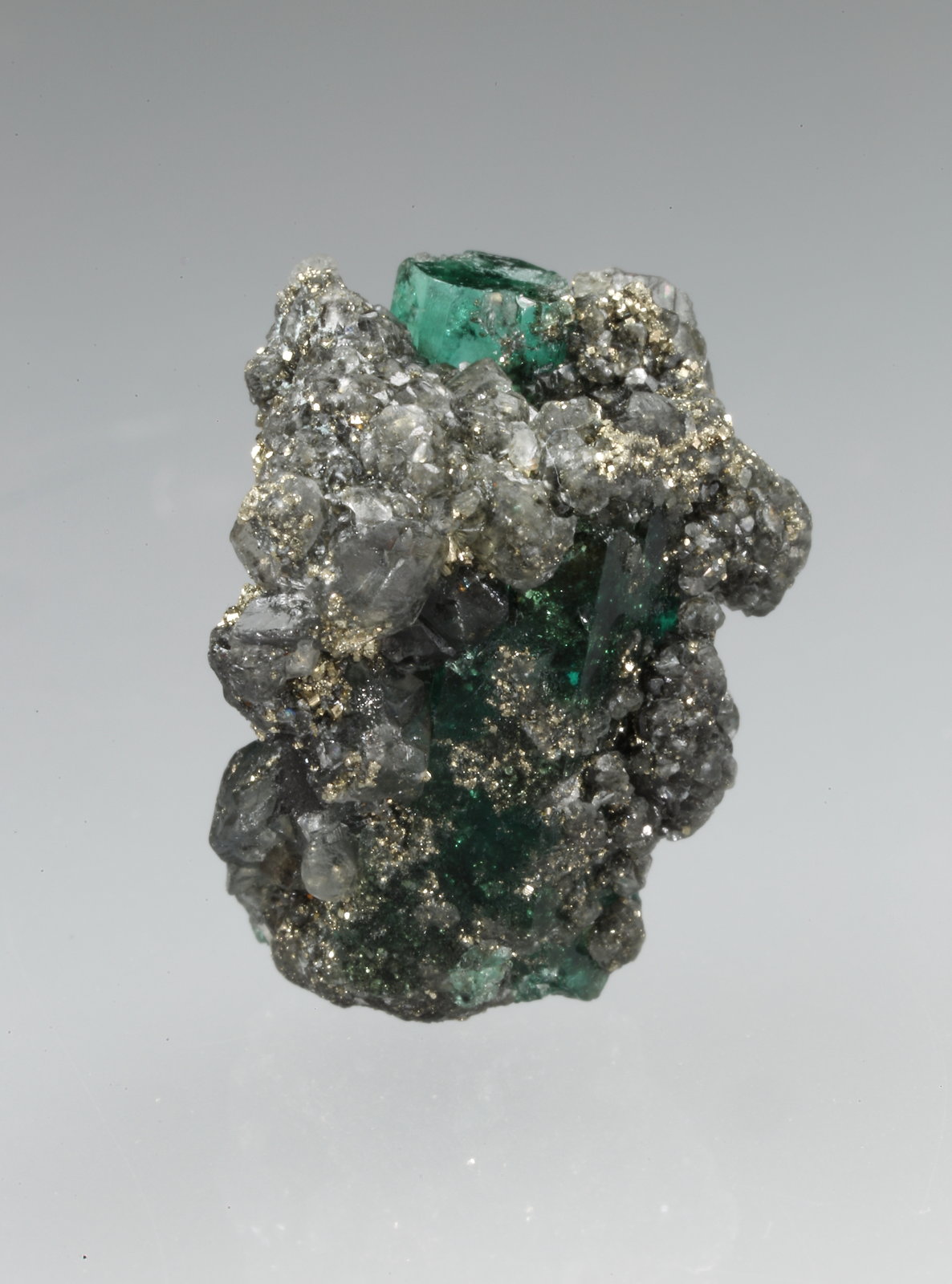 Beryl (variety emerald), Calcite, Pyrite
xl=16x8mm
(Autor: Fiebre Verde)