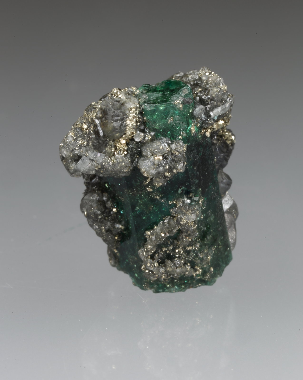 Beryl (variety emerald), Calcite, Pyrite
xl=16x8mm
(Autor: Fiebre Verde)