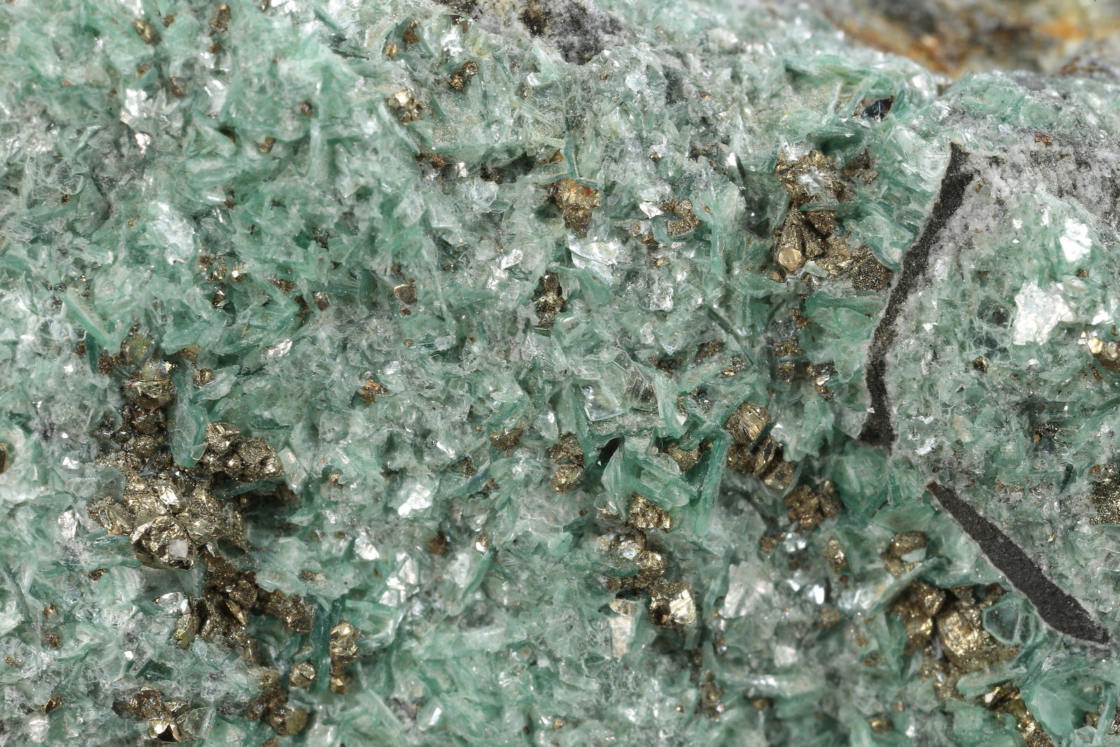 Pyrophyllite (variety Cr-bearing), Pyrite
117x72x27mm
(Autor: Fiebre Verde)