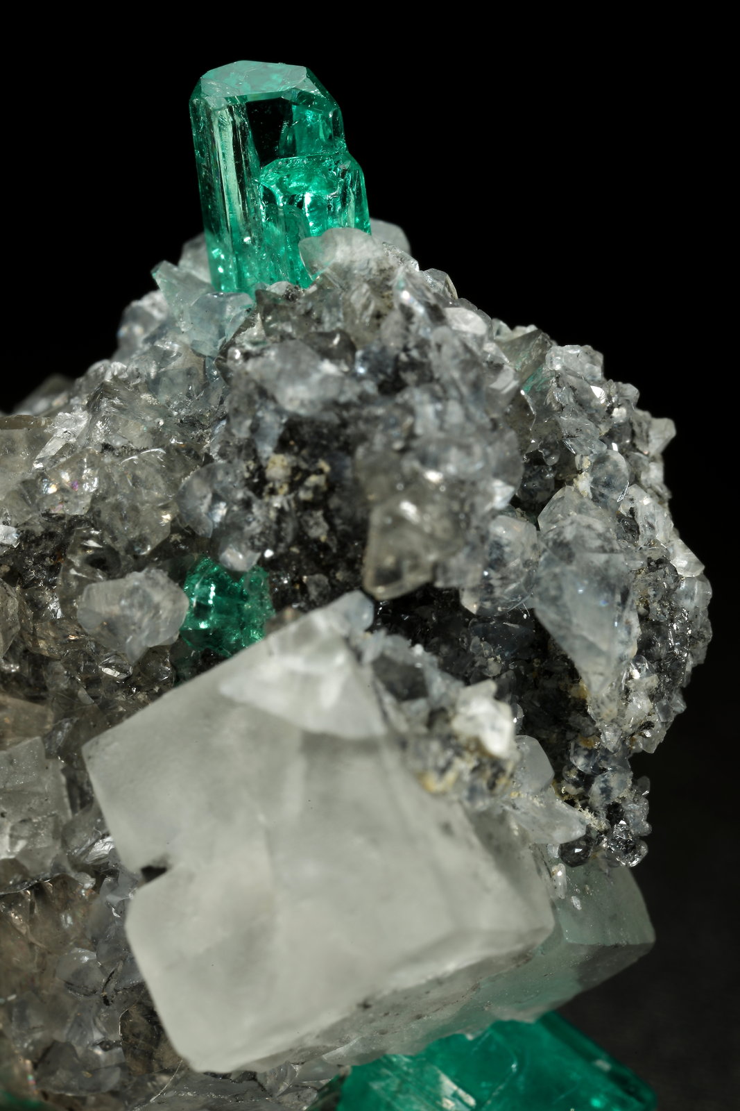 Beryl (variety emerald), Calcite, Fluorite
25x24x21mm, main xl=10mm
(Autor: Fiebre Verde)